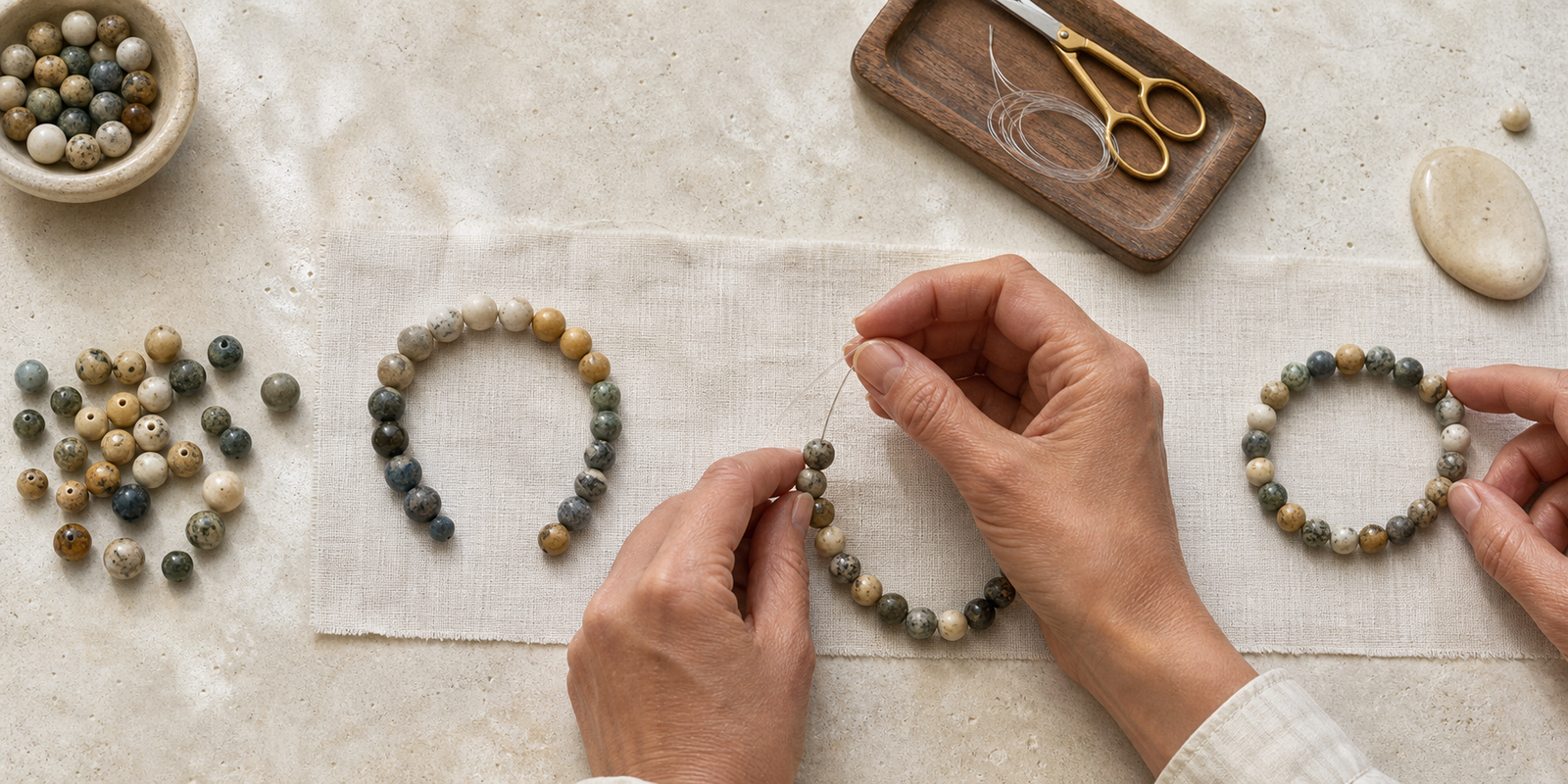 Étapes de sélection, composition et assemblage d'un bracelet artisanal en pierres naturelles